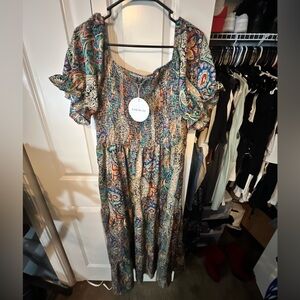 SHEIN - PLUS short sleeve, shirred, square neck, vacay dress, patterned 3xl